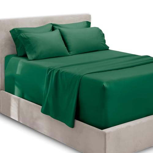 Image of Hearth & Harbor Extra Deep Pocket Sheet Sets, Luxury Soft 6 Piece Bed Sheet Set Fits Mattress 18-24 Inches - King, Hunter Green