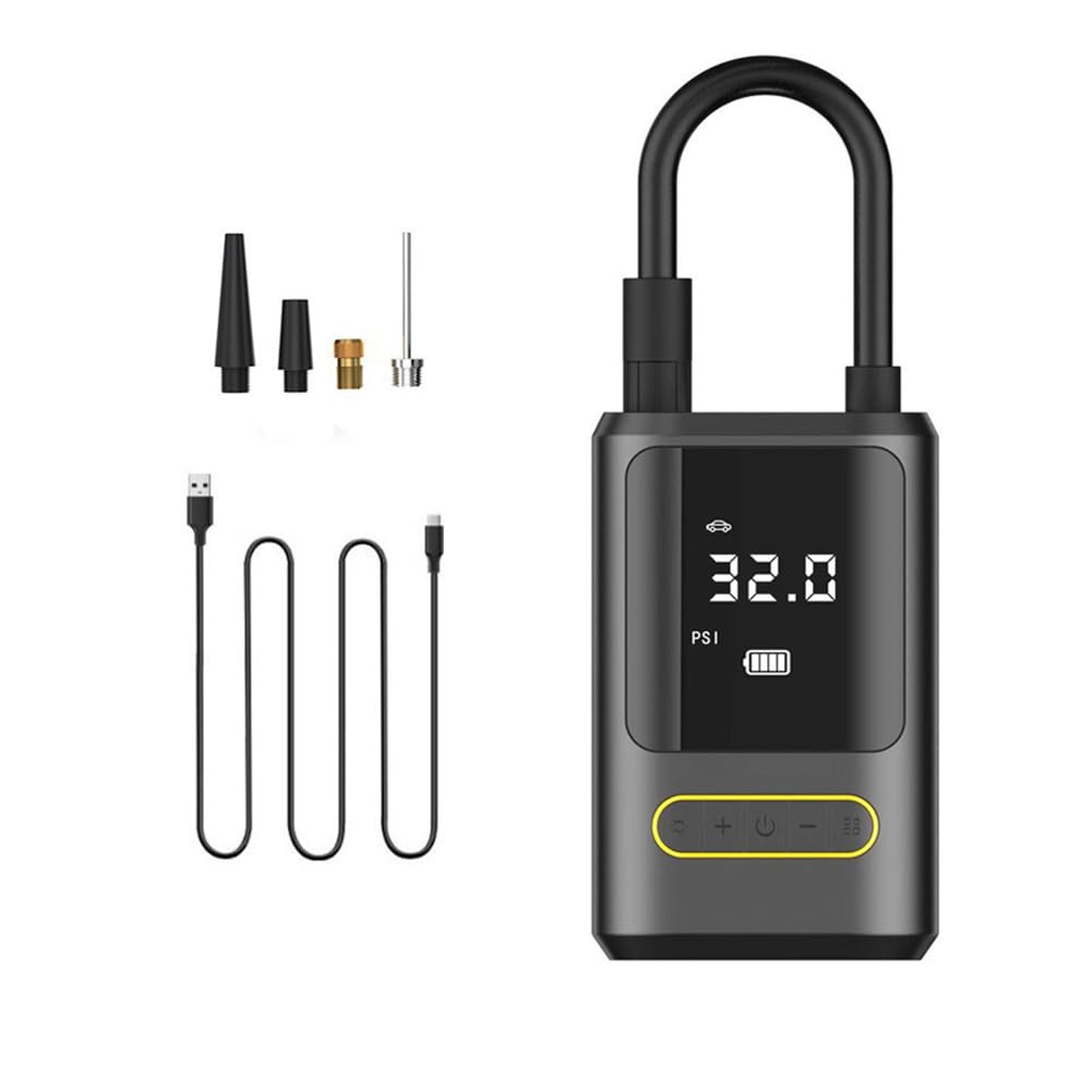 Compresor Aire Portatil, 150PSI Inflador Ruedas Coche Mini Bomba, Aire Bicicleta Electrica con Pantalla LCD Digital y Linterna LED, con 4 Boquillas, para Coches, Motos, Bicicletas Pelota