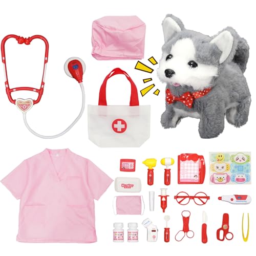 Brinquedo veterinário para crianças, 24 peças, conjunto de veterinário com brinquedos para cães, bata médica, estetoscópio, brinquedo de roleplay para meninas