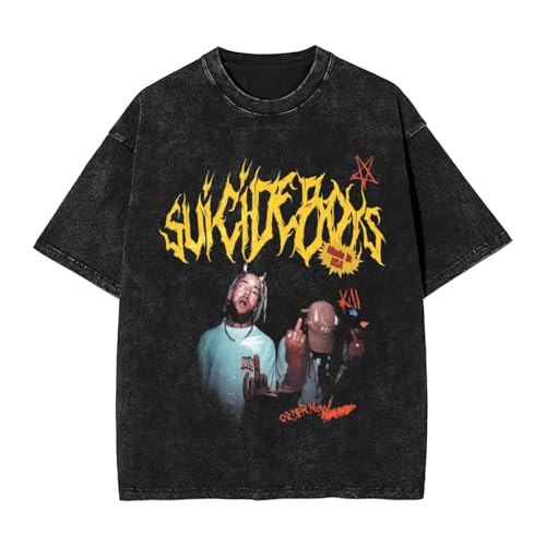 Suicide Music Boys Men Women Vintage Oversized Drop Shoulder Wash Solid Fashion T-Shirts Loose Tee Top