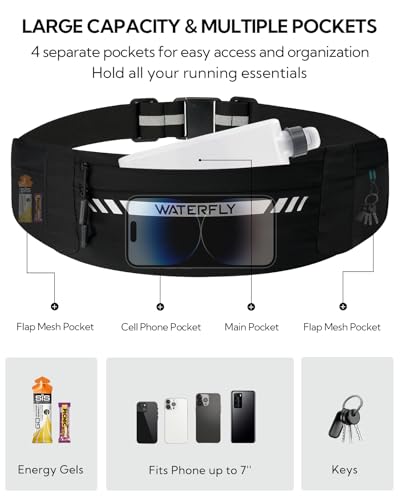 WATERFLY Laufgürtel für Handy Lauftasche Joggen: Lauf Hüfttasche Herren Damen mit 4 Taschen Jogging Bauchtasche Flache Gürteltasche Handytasche Sportgürtel Running Belt zum Laufen Sport Fitness