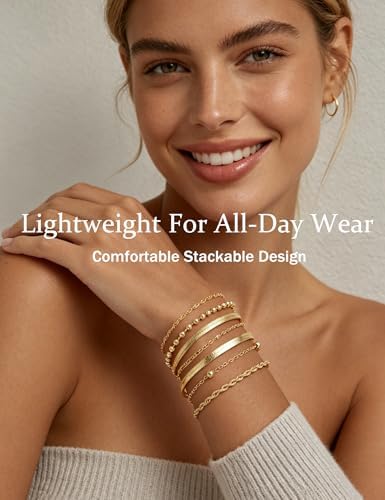 10 Pcs Gold Bracelets Set for Women, 14K Gold Plated Stackable Cuban Link Paperclip Chain Bracelet Pack, Dainty Gold Bracelets Stack Jewelry Gift - 3