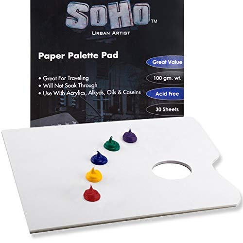 SoHo Urban Artist Disposable White Paper Palette Pads - Thick Paper Palettes for Acrylics, Oils, Watercolors, & More! - with Tumb Hole - 9 x 12