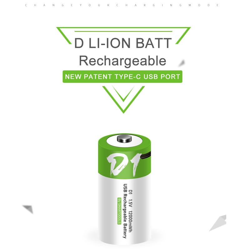 Image of KP Original Battery Rechargeable D Batteries 1.5V 12000Mwh USB Lithium Ion with USB Type C Charging Cable, Fast Charge, 1200 Cycles Constant Output, Over-Charge Protection (D-Cell Pack of 1)