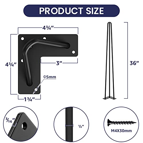SMARTSTANDARD 36 Inch Hairpin Table Legs, 3 Steel Rods 1/2 Inch Pipe Diameter, 800lbs Load Capacity, Mid-Century Style for Coffee Table, Side Table, Night Stand (Black, 4PCS) by SMARTSTANDARD - Image 3