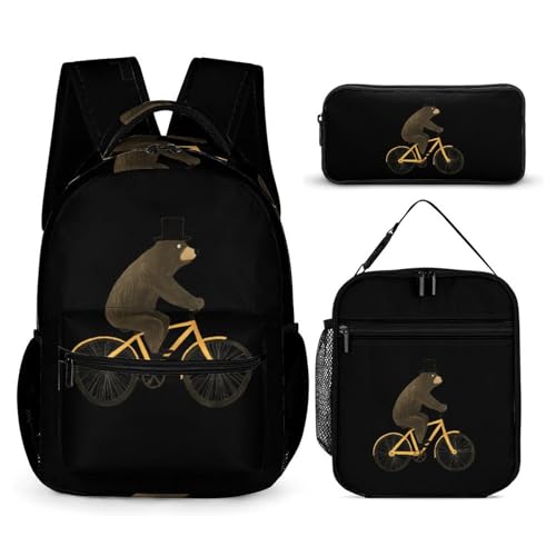 Brown Bear Rider Cute Backpacks Set Lightweight Lunch Bag Aesthetic Pencil Cases for Travel Work