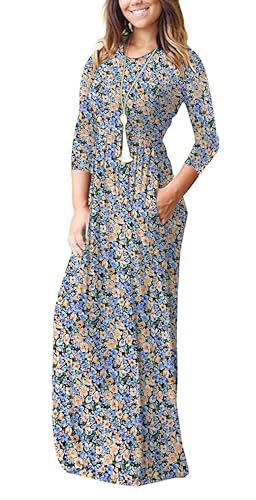 Image of WNEEDU Women's 3 /4 Sleeve Casual Loose Long Maxi Dresses with Pocket | Empire Elastic Waist, Crewneck, Floor Length, Soft Stretchy Flowy, Formal Dress, Wedding Wear, Solid Color and Prints