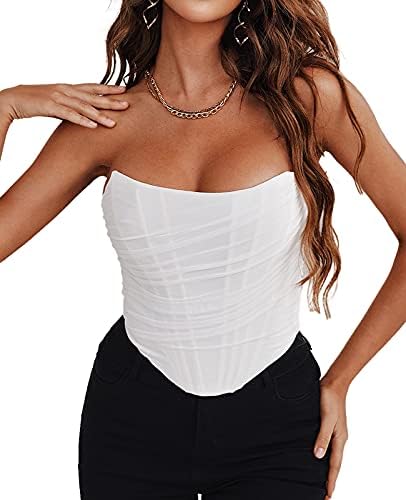 CORSKI Women's Mesh Bustier Zip Back Vintage Strapless Crop Top Open Back Boned Corset Bodyshaper Clubwear Party M