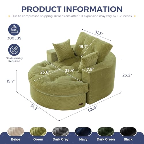 Image of MAXYOYO Oversized Round Chaise Lounge Sofa, Upholstered Lounge Chair with 3 Pillows, Boneless Sofa Couch with Ottoman, Deep Seat Chair for Living Room, No Assembly, Green