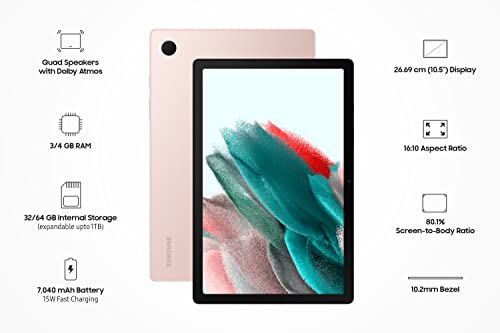 Image of Samsung Galaxy Tab A8 10.5 inches(26cm) Display, RAM 3 GB, ROM 32 GB Expandable, Wi-Fi+LTE Tablet, Pink Gold, (SM-X205NIDAINU)