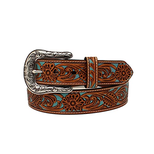 ARIAT Women's Floral Pierced Genuine Leather Belt with Turquoise Underlay
