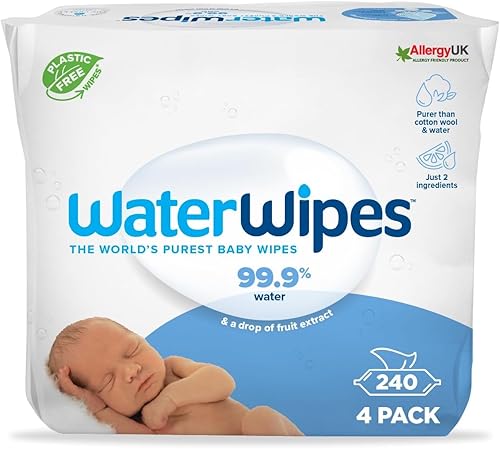 WaterWipes Original Baby Wipes, 240 unidades (paquete de 4), 99,9% agua, 3 en 1 limpia, cuida, protege, sin perfume, el envase puede variar