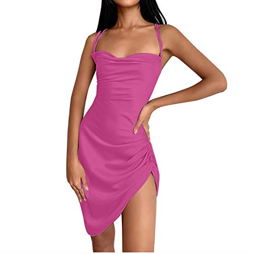 Image of JUMISEE Women Satin Ruched Lace Up Bodycon Mini Dress Sexy Backless Spaghetti Strap Party Dress for Cocktail Clubwear
