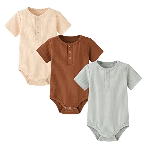 Suitboy Baby Boy/Girl Bodysuit One Piece Short Sleeve Solid Romper Ribbed Jumpsuit Newborn Clothes Outfit 0-18 Months(Solid Coffee+Khaki+L Green,3-6M) #TOP16