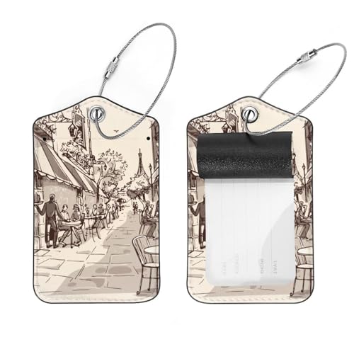 Gepäckanhänger mit Straßencafé in der Stadt, Gepäckanhänger für Koffer, Gepäckanhänger aus Leder, für Reisen, Edelstahlschlaufe, Namensschild, für Damen, Tasche, Rucksack, 2 Stück