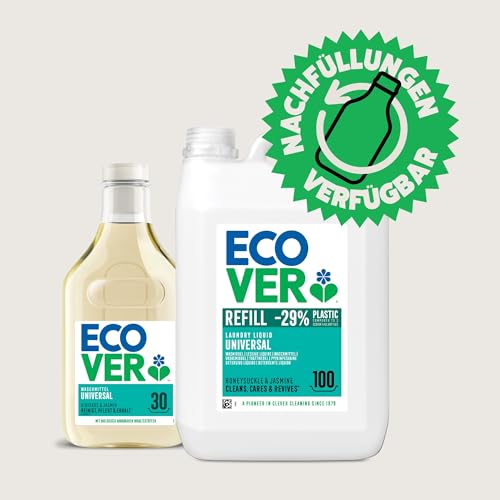 Ecover Waschmittel Universal Hibiskus & Jasmin (5L/100 Waschladungen), Flüssigwaschmittel mit pflanzenbasierten Inhaltsstoffen, pflegendes Vollwaschmittel für Erhalt und Schutz der Kleidung