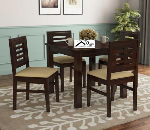 Image of AADITYA WOODS Solid Sheesham Wood 4 Seater Dining Table with Chair Set for Living Room | Wood Dinning | Hotel Restaurant Dining Set | Wooden Dining Room Set- Dark Walnut Finish Color