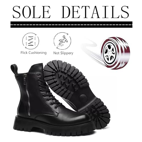 Men's Black Leather Platform Combat Boots with Side Zipper Classic Lace Up Non-slip Lug Sole Chunky Heel Motorcycle Booties Punk Biker Chukka Boots4