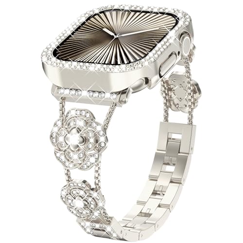 Bracelet camélia diamant pour Apple Watch avec coque bling-bling de protection fleurie