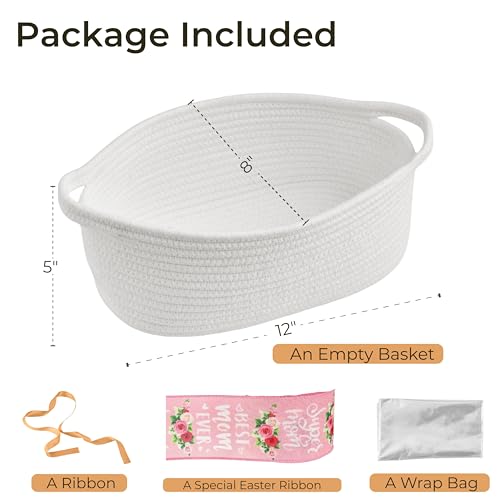 Image of Small Woven Gift Basket Empty with Bag & Ribbon, Storage Basket for Father's Day for Dad, Baby Shower, Raffle, Birthday, Cute Organizer with Handles, 12 inchx8 inchx5 inch, White /Pink Floral