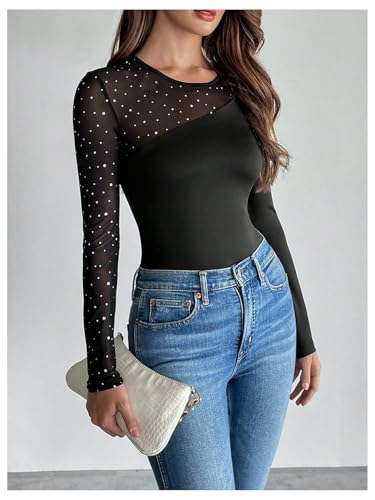 Milumia Women's Sequin Rhinestone Sheer Mesh Patchwork Round Neck Long Sleeve Slim T-Shirt Top4