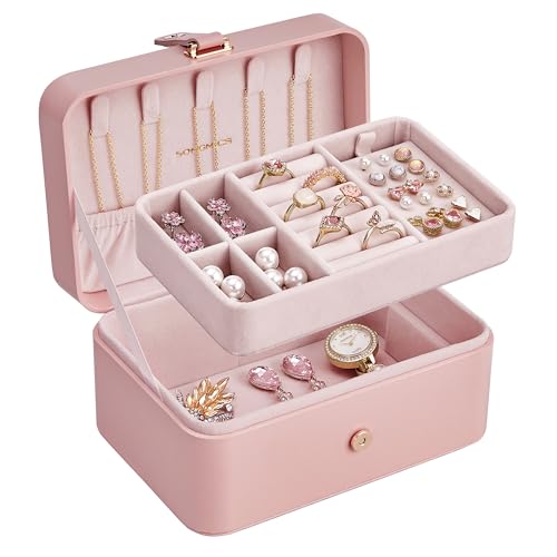 SONGMICS Caja Joyero de Viaje, Caja de Joyas Pequeña, 2 Niveles, Joyero Portátil, para Accesorios Grandes, 11 x 16 x 8 cm, Idea de Regalo, Rosa Jalea JBC166R01