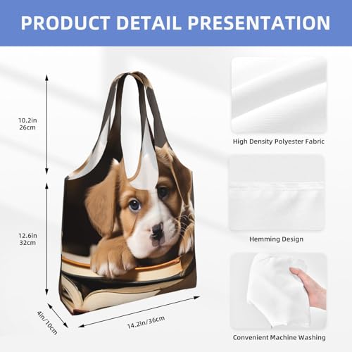Canvas Tote Bag for Women Shoulder Tote Purse Reusable Grocery Bag Puppy Dog with Book Aesthetic Shopping Bags2