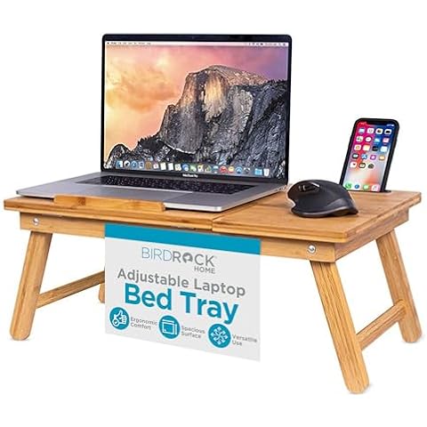 SOFIA + SAM Adjustable Bamboo Laptop Bed Tray - Foldable Legs, Portable Workstation, Multi-Position Tilt Surface for Laptops Up to 15", Tablets, and Smartphones - Lap Desk, Sit and Stand - Natural Cover