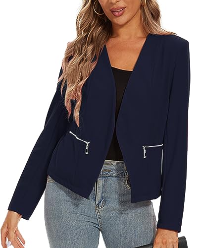 MINTLIMIT Blazers for Women Business Casual Cropped Blazer Open Front Collarless Cardigan Jacket with Zipper Pockets