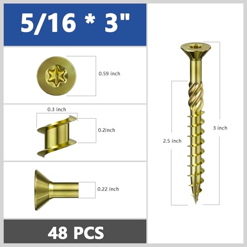 Image of Wensilon 5 /16 * 3 inch Yellow Zinc Deck Screws, (48pcs) 2 lbs.Exterior Wood Screws, Bronze, Star Bit