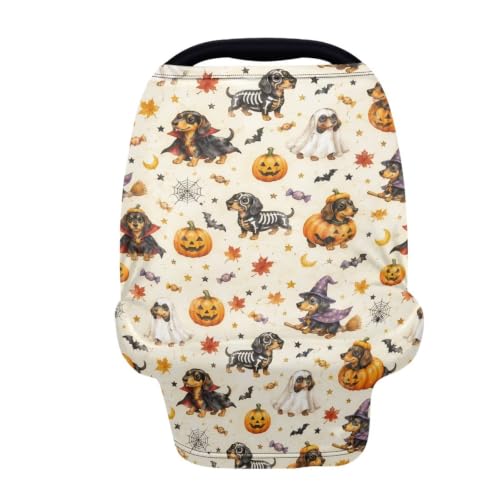 Image of Wanyint Stretchy Baby Car Seat Covers Carseat Canopy Baby Breastfeeding Stroller High Chair Shopping Cart Cover for Girls Boys Halloween Decor, Dachshund Pumpkin Ghost Bat