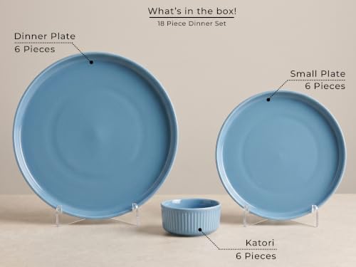 Image of Bodhi House 18 Piece Ribbed Porcelain Dinner Set for 6 with 6 Dinner Plates, 6 Quarter Plates & 6 Katori, Microwave & Dishwasher Safe, Chip Resistant Crockery Set for Home & Gifting, True Blue
