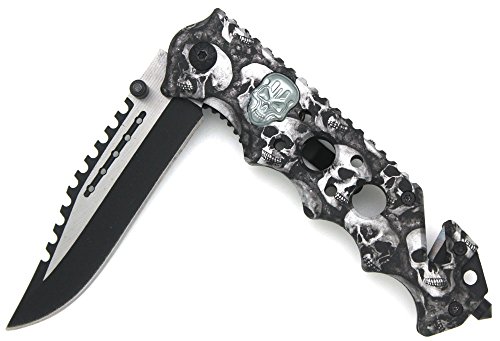 Snake Eye Tactical Skull Zombie Slayer Grip Handle Assisted Opening Rescue Pocket Knife With Glass Breaker (Grey) #TOP2