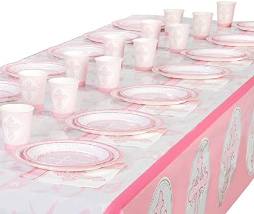 Royal Bluebonnet Pink Baptism Tablecloth and Pink Religious Dinnerware