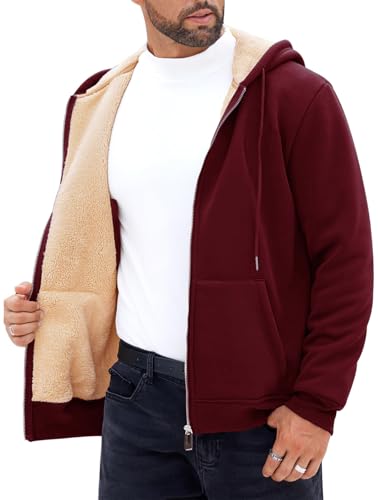 Rayson Sudadera con Capucha Hombre Forro Polar Hoodie Chaqueta Cremallera con Bolsillo Invierno Cálido Sudadera Manga Larga Casual(Burdeos,XL)