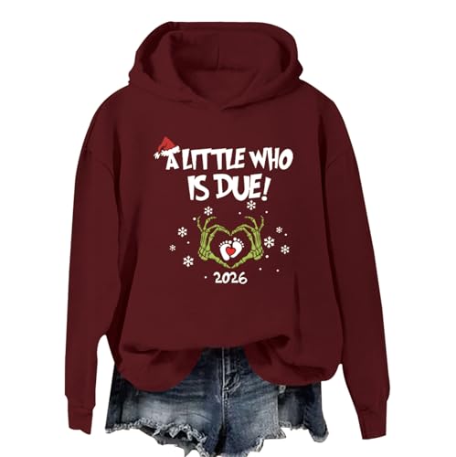 Qokbloi Pregnancy Announcement Sweatshirt A Little Who Is Due Sweatshirt Christmas Maternity Sweater Claret