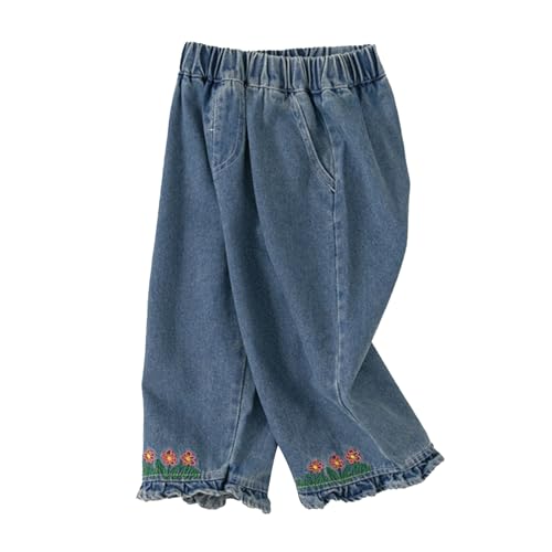 Toddler Flowers Denim Pants Kids Girl Wide Leg Jeans Pants Elastic Waist Trousers3