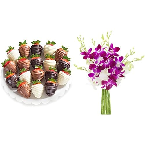Valentine's Day Berry Bites & Orchids Bundle | Kabloom - Exotic Opal Orchid Bouquet & A Gift Inside - 18 Milk/Dark/White Chocolate Strawberries (Fun Size)