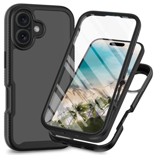 RonRun Cover Iphone 16, Antiurto 360 Gradi Full Case con Protezione per Schermo Incorporata, Trasparente Rugged TPU Bumper Doppia Protettiva Case Nero