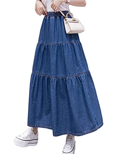 GGUHHU Women's Lovely Elastic High Waist A-Line Flared Tiered Denim Long Skirts