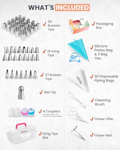 RFAQK 90PCs Flower Making Piping Tips Set, Includes 31 Piping Bags & 49 Tips (25 Russian piping tips, 16 Icing tips,7 Ruffle/Korean, 1 Ball Tip) + Video Course for beginners to Decorate Cake & Cupcake