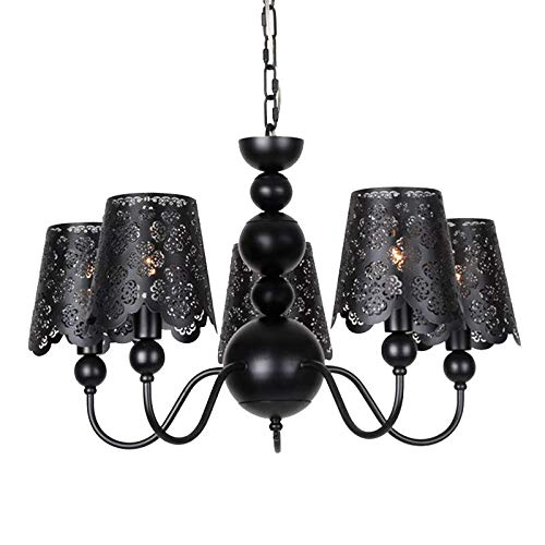 Lustre romantique salon suspendu en fer noir avec motif fleurs creuser