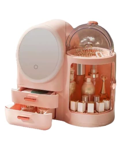 Sailozai大容量化粧品収納ボックス、ミラー付きLEDライト、デスクトップドレッサー軽量、回転式ハイエンドデスクスキンケア収納ラック (さくらパウダー309)