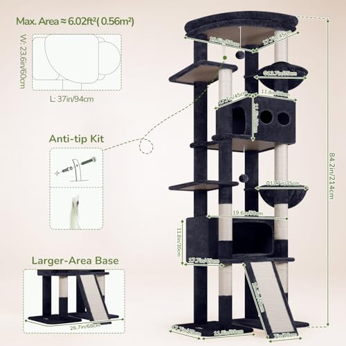 Image of Globlazer Extra Tall Large Cat Tree, 84in Multi-Level Cat Climbing Tower for Indoor Cats Large Adult, Widened Condo for Maine Coon, 7 Scratching Posts, Padded Perch, Metal Basket, S84E, Dark Grey