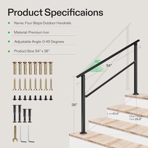 Image of VIVOSUN Outdoor Handrail, 4 Step Stair Handrail, 54 inch x 36 inch Fits 1 to 4 Steps, Wrought Mattle Iron Handrail for Concrete Steps, Porch Steps, One-Step Assembly, Black | Sturdy wrought iron handrail for elderly and family; rustproof black; full hardware included; for porch, deck, concrete steps