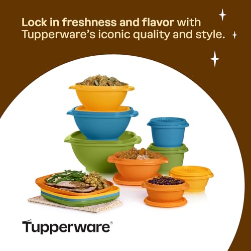 Image of Tupperware Heritage Retro Collection, Bowls & Plates, 20 Piece Food Storage Container Set in Retro Colors, Dishwasher Safe and BPA Free