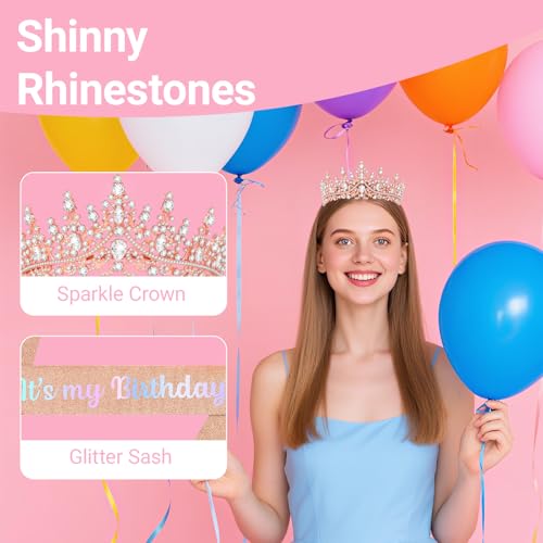 Birthday Tiara and Crown with Sash, Birthday Tiara for Women Party (Rose)