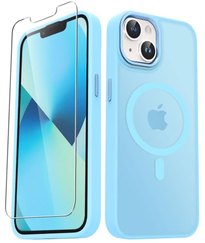 YENAPOON for iPhone 14 Case, iPhone 13 Case, with 1 Screen Protector, Matte Magnetic Slim Phone Cover, Support for Magsafe, Shockproof Protection Translucent Frosted Back,Light Blue