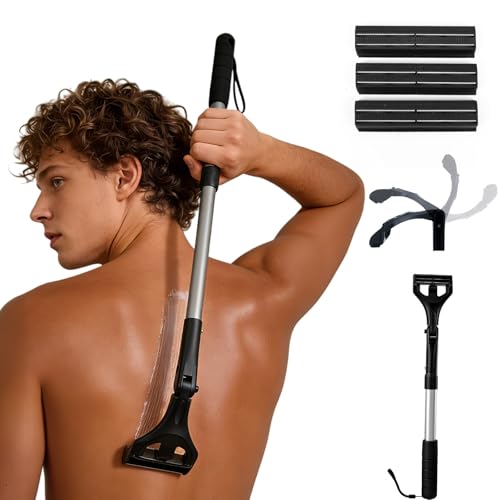 ETbyto Retractable Back Shaver for Men:​ 180° Foldable Head Hair Shaver,Double Sharp Blades & Ergonomic Handle, Wet or Dry Back & Body Hair Removal(3PCS Blades Included)