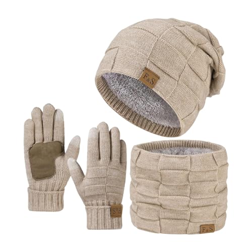 Conjunto de gorro bufanda guante mujer invierno gorro de punto forrado polar bufanda y guantes para hombres y mujeres, gorro polar para hombre liso y protección, blanco, Talla única